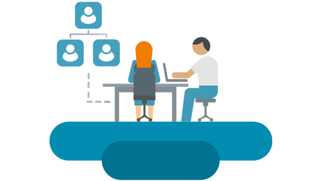 [Translate to ar:] Illustration of 2 people at a desk, talking with chat symbols above their heads
